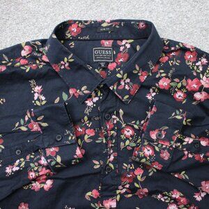 Guess Shirt Men 2XL XXL Black/Red Floral Luxe Small Bouquets Long Sleeve Stretch